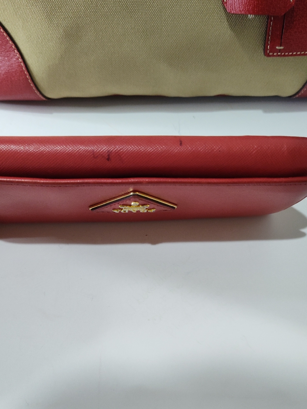 Prada Beige Canvas Tote with Red Leather Trim and Wallet - Picture 5 of 14